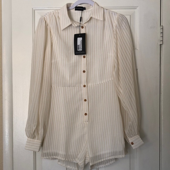 PrettyLittleThing Pants - PRETTY LITTLE THING STONE STRIPED BALLON SLEEVE SHIRT PLAYSUIT/ROMPER NWT